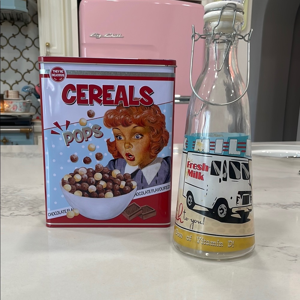 Vintage Cereal Tin and Milk Bottle Set